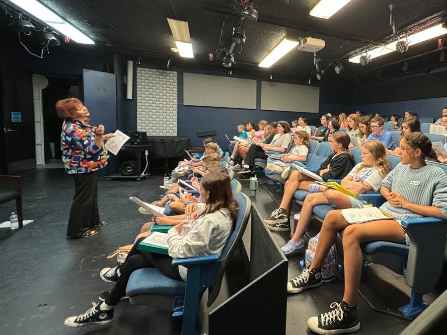 Large group of students sitting in theatre taking a dialect workshop with Ginny Kopf	